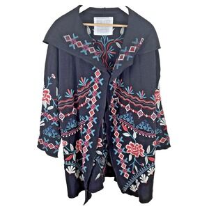 Caite Embroidered Cardigan Jacket Sz XS Black Floral Hooded Hand Made Duster